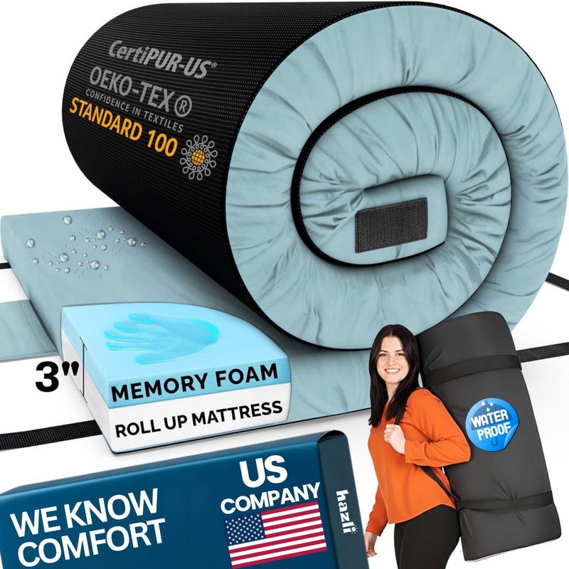 Hazli Matrix Comfort-Cell Memory Foam Camping Mattress Pad - Roll Up Mattress for Adults - Portable Cot Sleeping Pad for Camping - Floor Mat or Bed Roll for Car, SUV - Kids 64â€™â€™ x 26â€™â€™ x 3â€™â€™ - Blue - Image 1